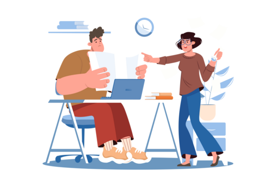 Workplace Conflict with Man and Woman in Brown and Blue Outfit Arguing by Desk with Laptop and Documents on Transparent Background Flat Vector Illustration