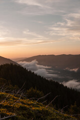 Beautiful sunset in the mountains. Dramatic scene. Carpathian