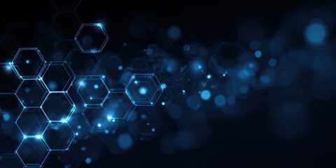 Abstract image of glowing hexagonal shapes, bokeh background in shades of blue, technology concept