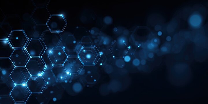 Abstract image of glowing hexagonal shapes, bokeh background in shades of blue, technology concept - Powered by Adobe