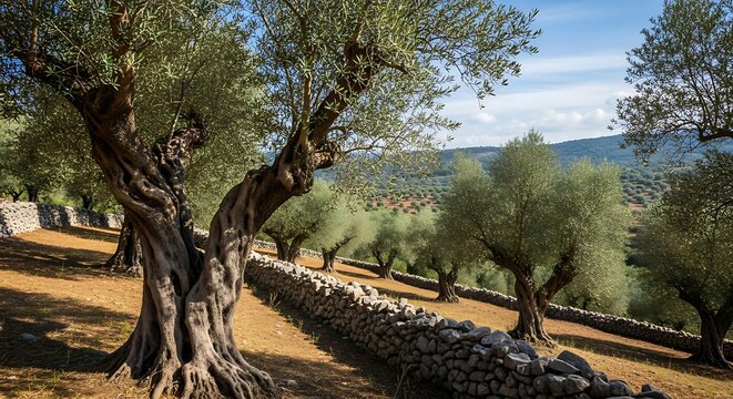 Ancient Olive Grove Landscape with Stone Wall and Trees Under Sunny Sky.