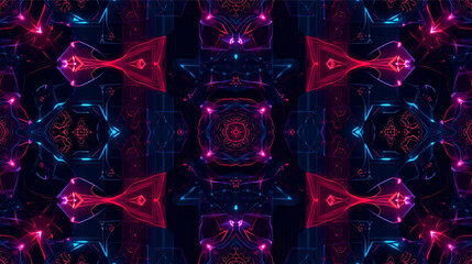 Vibrant abstract kaleidoscope pattern with glowing neon blue and pink fractal shapes.
