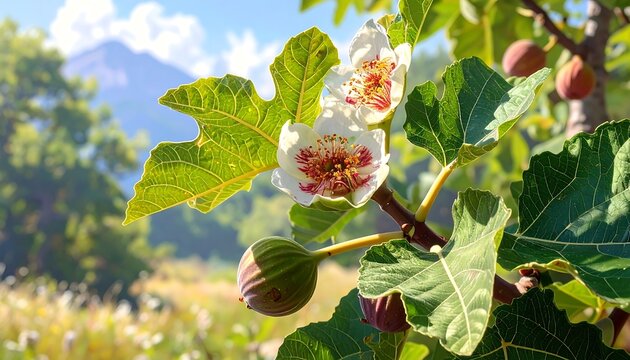 Fig Tree Blossoms and Fruit in Sunlight Against a Scenic Background - Powered by Adobe