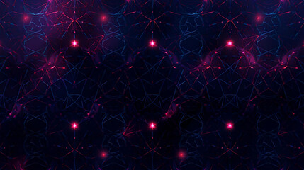 Abstract digital network pattern with glowing pink nodes and interconnected blue and magenta lines on a dark background.