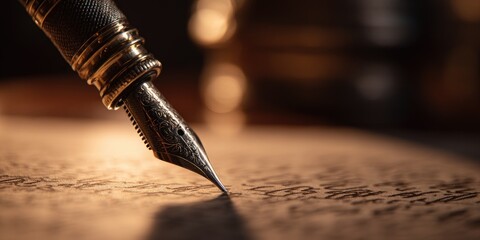 A close-up of a vintage fountain pen writing on a textured piece of paper