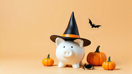 A piggy bank wearing witch hat surrounded by pumpkins and spider, copy space, isolated on orange background - investment, future plan, saving money for holiday budget concept