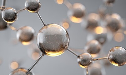 Close-up of a 3D-rendered molecular structure with metallic spheres and connecting rods, blurred background