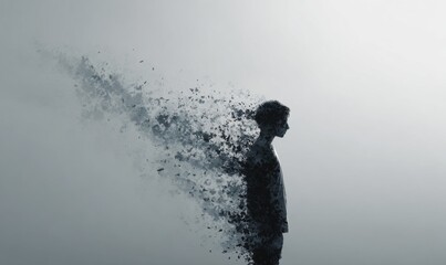 Obraz premium Silhouette of a person dissolving into particles, representing loss and fading.