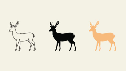 Vector art of three deer illustrations, one in outline, one in silhouette, and one in color