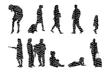 Vector illustration, Outline silhouettes of people, Contour drawing, people silhouette, Icon Set Isolated , Silhouette of sitting people, Architectural set