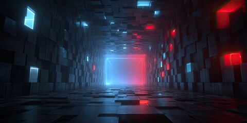 A futuristic, abstract tunnel with geometric shapes, bathed in blue and red neon light, creating a sense of depth
