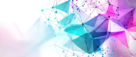 Abstract design with connected lines and polygonal shapes in blue, teal, and pink hues on white