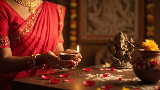Woman in red saree lighting oil lamp for Ganesh Chaturthi celebration