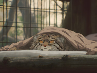 A Pallas's cat lies under a blanket. Hyperrealistic illustration.