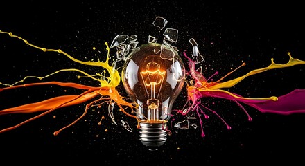 Vibrant explosion of creative ideas as light bulb shatters with colorful paint splashes on black