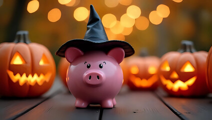 A piggy bank wearing black witch hat, glowing scary pumpkins lantern background with bokeh lights - investment, future plan, saving money for holiday budget concept 