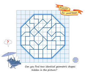 Can you find two identical geometric shapes hidden in the picture? Mathematical logic puzzle. Game Seek and Find. Brain teaser book. Develop spatial thinking and counting skills. Vector drawing.