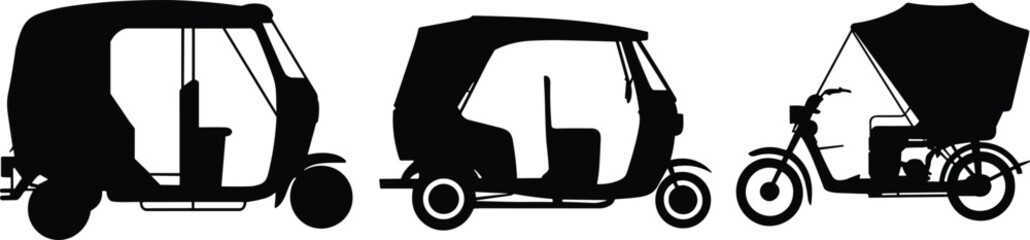 Auto rickshaw silhouette vector set, three wheeler transport icons, tuk tuk shapes, cad drawing flat vector illustration, urban mobility artwork