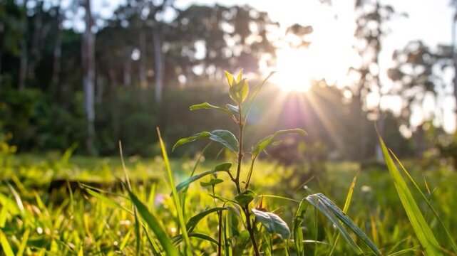 A young plant sapling in a grassy field, backlit by the golden sun rising over a lush forest