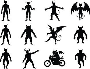 Demon silhouette vector set, fantasy creature icons, horned monster characters, dark mythology figures, cad drawing flat vector illustration