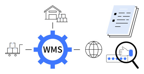 WMS gear links warehouse, inventory cart, document, magnified rating, and globe. Ideal for logistics, e-commerce, inventory tracking, process optimization supply chain quality assurance simple