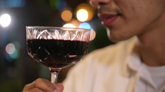 A person holding a patterned glass of red wine, savoring its aroma against a bokeh background