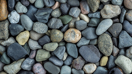 Gray pebbles texture covering full frame, evoking natural stones, zen aesthetics, summer beach vibes, tranquility, and organic simplicity in a serene composition.