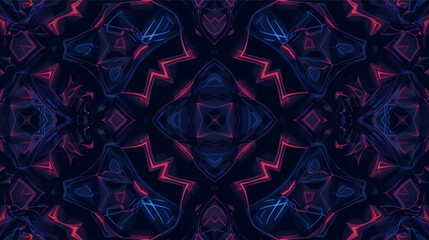 Abstract symmetrical pattern with glowing blue and pink lines on a dark background.