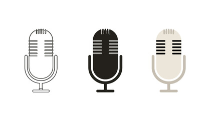 Illustration of a microphone in different styles outline, silhouette, and color