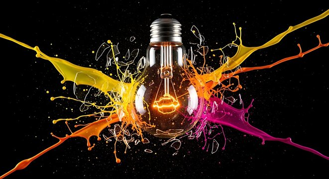 Stunning lightbulb shattering with vibrant paint splashes symbolizing creative ideas and innovation