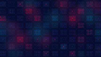 Abstract digital background with glowing red and blue geometric square patterns in a grid, creating a futuristic design.