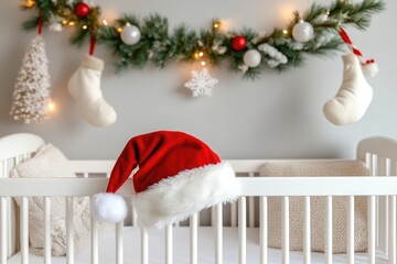 Fototapeta premium Cozy holiday scene with santa hat on knit blanket amid warm christmas lights