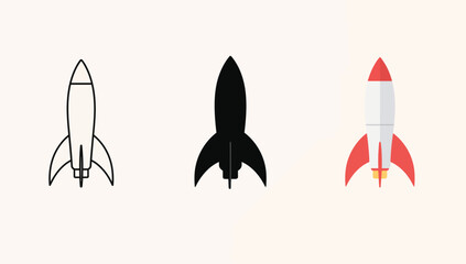 Illustration of a rocket in different styles outline, silhouette, and color