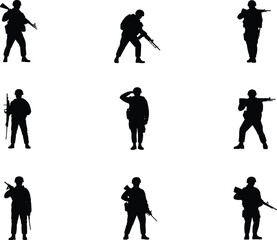 Military soldier silhouette vector set, rifle poses, army man illustration, tactical stance, combat gear, cad drawing flat vector illustration