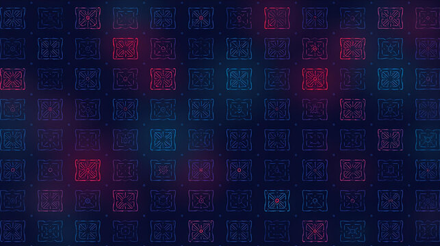 Abstract digital background with glowing red and blue geometric square patterns in a grid, creating a futuristic design.