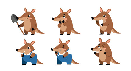 A collection of cartoon armadillo characters illustrating various poses and actions for design purposes.