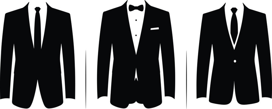 Men&rsquo;s formal jacket silhouettes, business suit, tuxedo, modern fashion, flat vector illustration, CAD drawing, black design, wardrobe style comparison