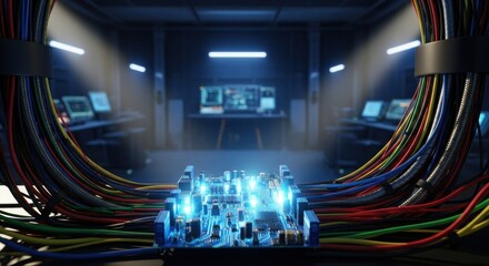 Circuit board with glowing elements connected to many colorful cables. Data center server room. Electric engineering connection