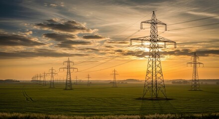 High voltage electrical power lines and transmission towers in a field at sunset. Energy infrastructure for electricity distribution.