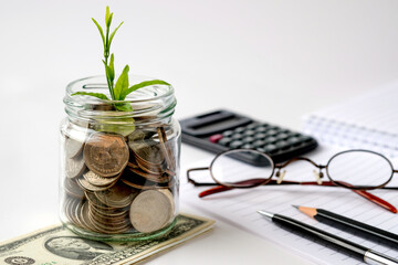 Investment growth with coins jar and green plant on desk
