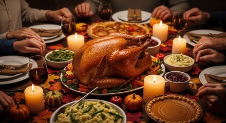 Traditional Thanksgiving, Christmas turkey dinner. Close up of family, people, friends holding hands in prayer, at dinner table celebrating Thanksgiving Day at home.