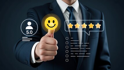 businessman holding a 5-star rating
