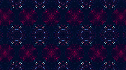 Abstract dark blue and purple symmetrical kaleidoscope pattern with glowing geometric shapes.