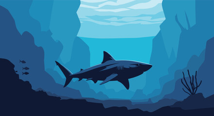 Obraz premium Pixel art depiction of a powerful shark swimming through a deep blue ocean with rocky underwater structures.