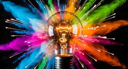 Stunning vibrant lightbulb illuminating creative inspiration with colorful explosion on black background