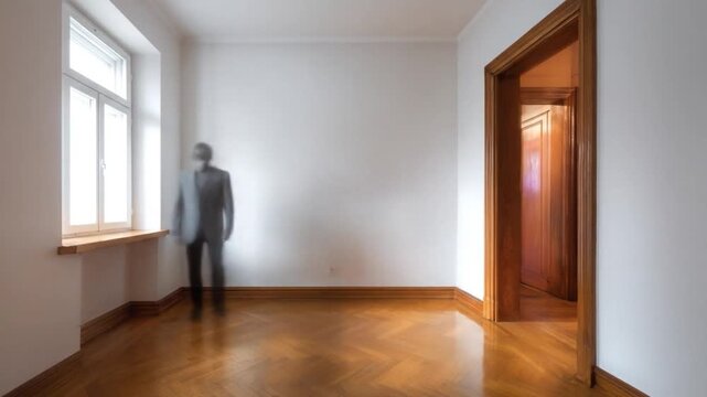 A ghostly, blurred figure stands in an empty, sunlit room with polished herringbone parquet flooring