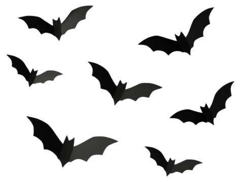 A collection of black paper bats scattered across a purple and black abstract background halloween spooky isolated on a transparent background