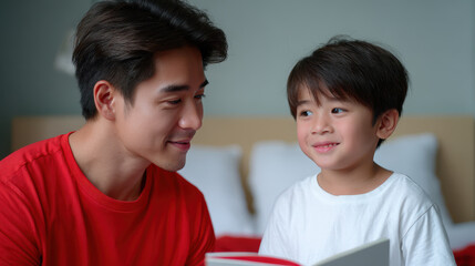 Obraz premium Father and son sharing joyful moment together indoors, smiling and bonding with warmth and affection