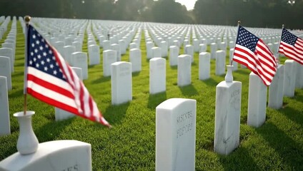 American flags on white gravestones in military cemetery   - Powered by Adobe