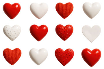 A grid of twelve heart shapes in red white and textured patterns on a black and white checkered background isolated on a transparent background